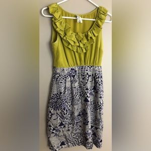 ANTHROPOLOGIE Maeve Citrus Green & Blue Abstract Ruffled SILK Dress Size 0